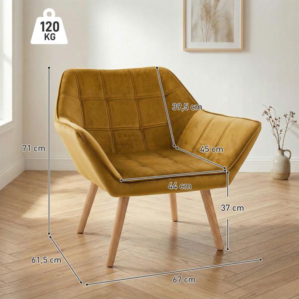 Poltrona Moderna de Sala Estofada em Veludo com Pés de Madeira para Sala de Estar Amarelo