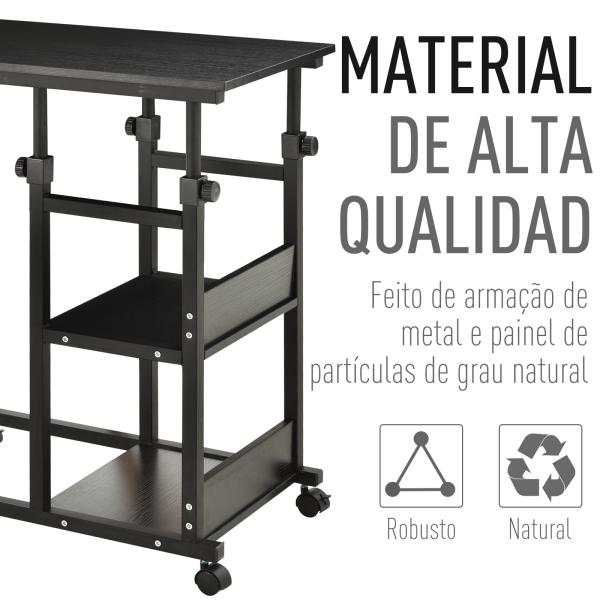 Mesa Lateral para Sofá Mesa lateral em Forma de C com 4 rodas Giratórias Freios Altura Ajustável 3 níveis Estrutura Metálica 80x40x72 - 82cm Preto