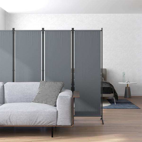 Biombo Separador de Ambientes de 4 Painéis Biombo Dobrável 221x172 cm com Pés Largos para Terraço Pátio Jardim Cinza Escuro