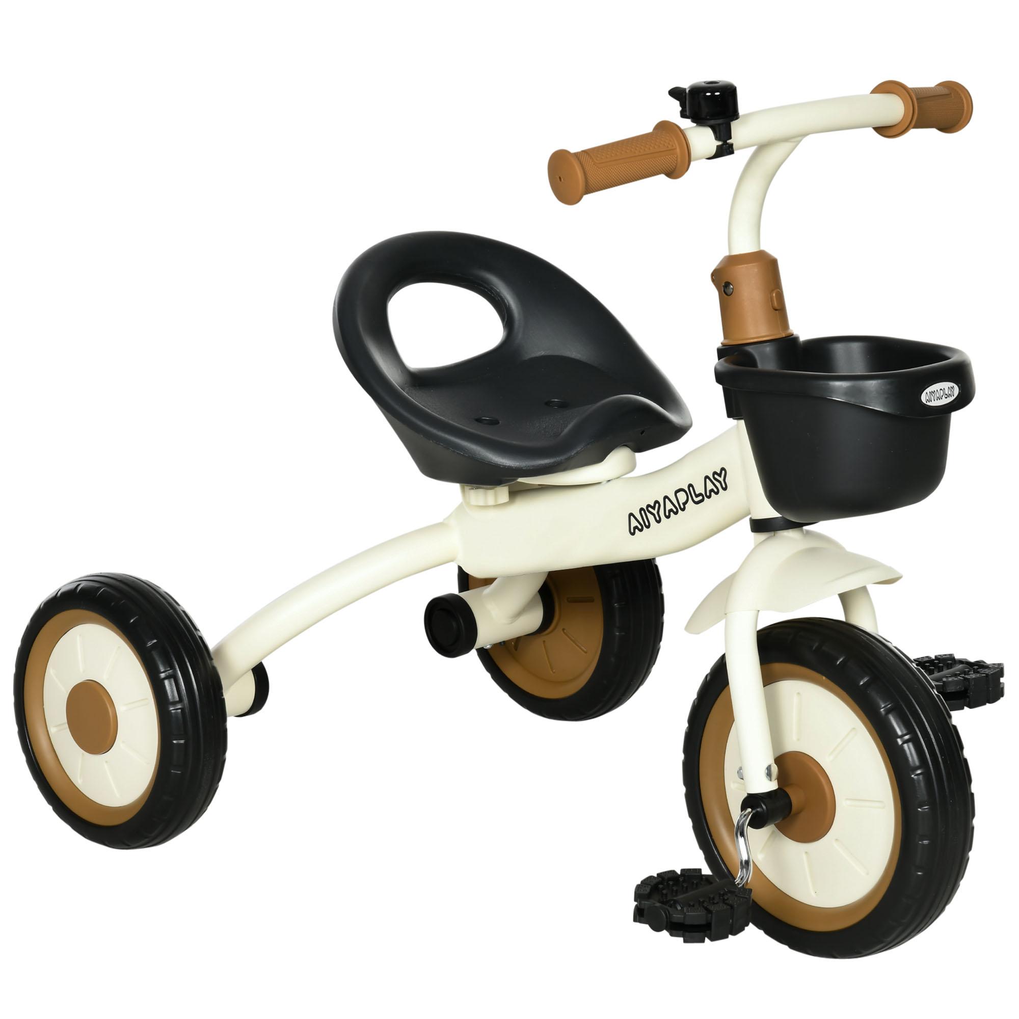 Triciclo para Crianças de 2 a 5 anos com Assento Ajustável Cesta Buzina e Pedais e 3 Rodas 70,5x53x58 cm Bege