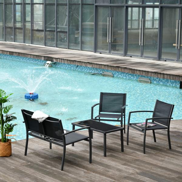 Conjunto de Móveis de Jardim Conjunto de 4 Peças com 2 Poltronas 1 Sofá de 2 Lugares e Mesa de Centro com Tampo de Vidro Preto