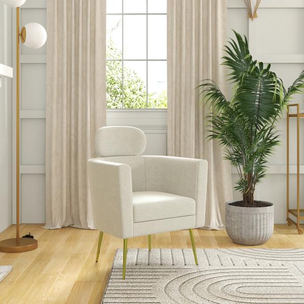 Poltrona Sala de Estar Individual em Borrego com Apoio para a Cabeça e Pés de Metal 71x65x90 cm Creme