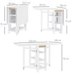 Mesa Dobrável com Asas Dobráveis Mesa de Cozinha com 2 Rodas e Prateleiras Estilo Moderno 120x60x75 cm Branco