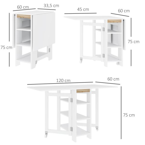 Mesa Dobrável com Asas Dobráveis Mesa de Cozinha com 2 Rodas e Prateleiras Estilo Moderno 120x60x75 cm Branco
