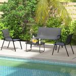 Conjunto de Jardim Exterior 4 Peças com 2 Cadeiras Empilháveis 1 Sofá de 2 Lugares e Mesa de Centro com Bancada de Vidro Temperado Preto