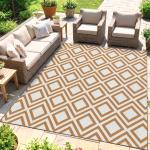 Tapete de Exterior Reversível de Plástico Impermeável para para Varanda Pátio Campismo Praia 182x274cm Marrom e Branco