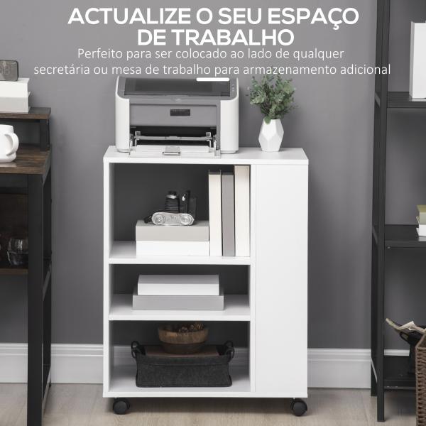 Armário para Impressora Móvel Auxiliar de Escritório com Rodas e Prateleiras Abertas Carga Máxima 30kg 60x40x75,8cm Branco