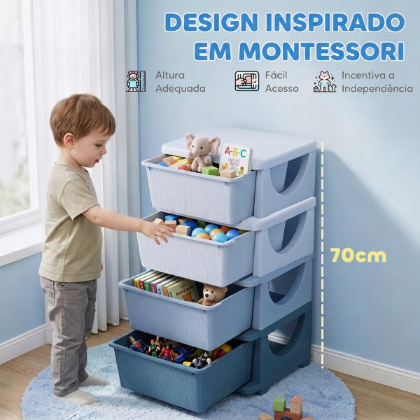 Organizador de Brinquedos com 4 Gavetas Torre de Arrumação para Crianças +3 Anos Cantos Arredondados e Pegas 37x37x76 cm Azul
