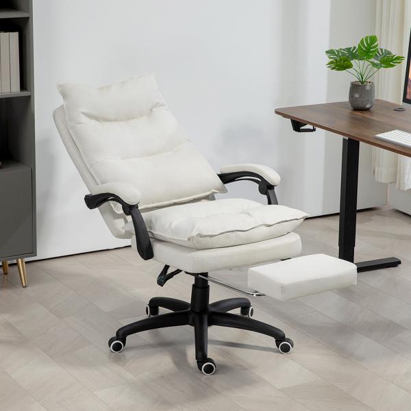 Cadeira de Secretária com Massagem, Altura Ajustável, Encosto Reclinável, Apoio para os Pés e Rotação 360°, Creme