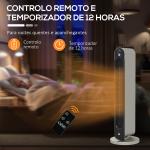 Aquecedor Cerâmico de Torre 1100/2200W com Controlo Remoto Ecrã LED Temporizador de 12h Termostato 3 Modos Ø25x73,5 cm Prata e Preto