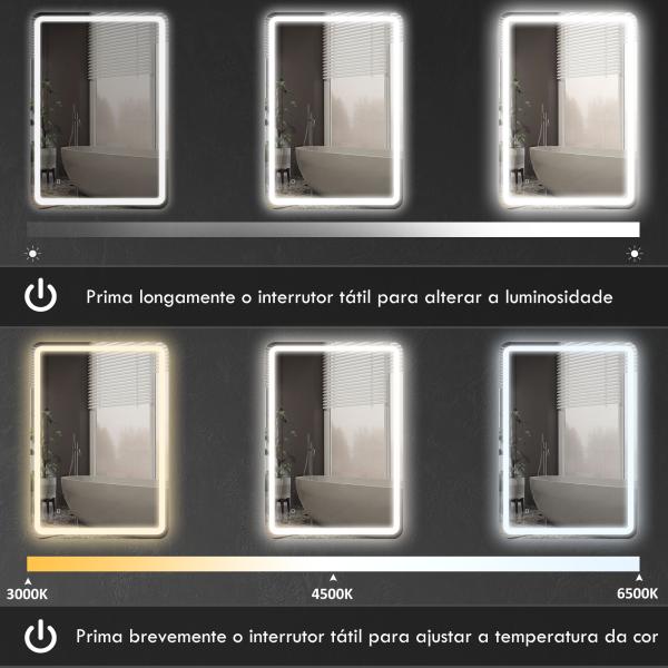 Espelho Casa de Banho com Luzes LED 70x100 cm Função Antiembaciamento 3 Temperaturas de Cor Ajustável e Função de Memória Prata