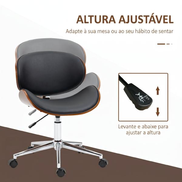 Cadeira de Escritório com Rodas Estofada em PU com Assento Largo e Curvado Altura Ajustável Preto