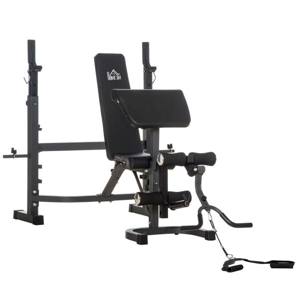 Banco de Musculação Multifuncional Banco de Pesos com Encosto Inclinável e Suporte de Barras com Altura Ajustável para Treinamento do Corpo Completo 187x140x117 - 136cm Preto