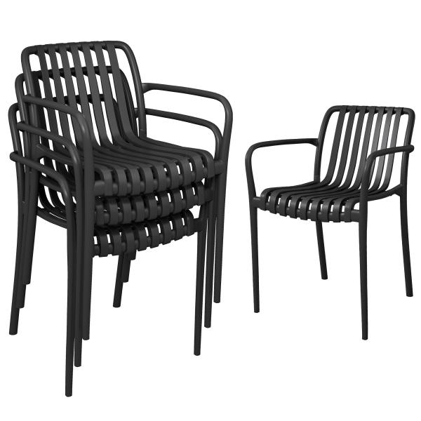 Conjunto de 4 Cadeiras de Jardim Empilháveis em PP com Encosto Curvado e Assento com Ripas 55x58,5x81,5 cm Preto