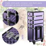 Mala de Maquilhagem Professional com Rodas Universais Diferentes Níveis e Alça Extensível 33,5x23x76 - 95,5 cm Roxo