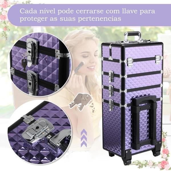 Mala de Maquilhagem Professional com Rodas Universais Diferentes Níveis e Alça Extensível 33,5x23x76 - 95,5 cm Roxo