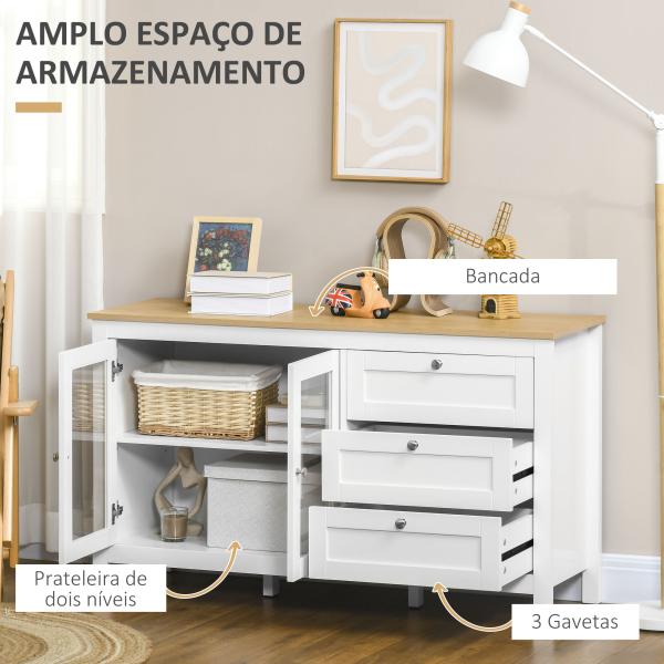 Aparador para Sala de Estar com 2 Portas de Vidro 3 Gavetas e Prateleira Ajustável para Cozinha Sala de Jantar 120x40x70 cm Branco e Madeira