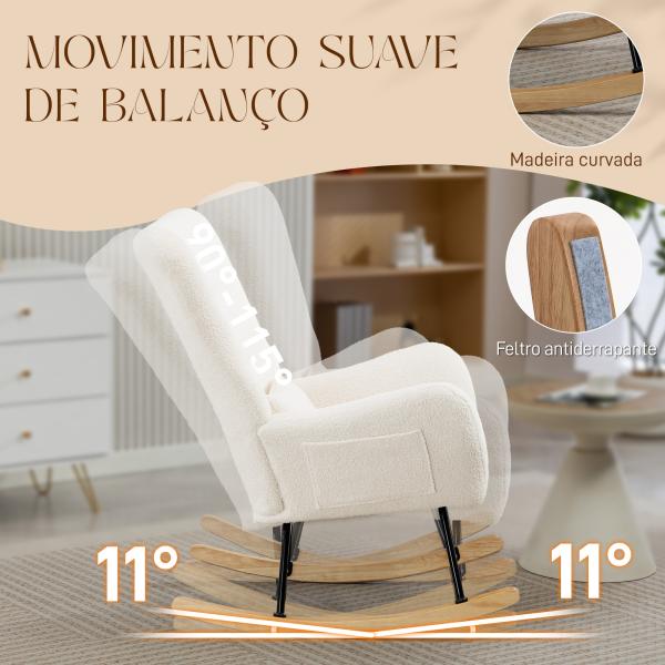Poltrona Baloiço em Borrego Poltrona para Amamentação com Encosto Acolchoado Almofada e Base de Madeira de Borracha 67x82x100 cm Creme
