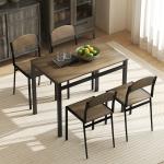 Conjunto de Mesa e Cadeiras de Refeição Mesa de Cozinha Retangular com 4 Cadeiras Estilo Moderno Castanho Escuro e Preto