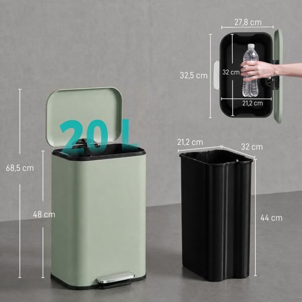 Caixote do Lixo de Cozinha 20 L em Aço Galvanizado com Tampa de Fecho Suave Pedal Balde Removível e Acabamento Anti - impressões Digitais Verde Claro