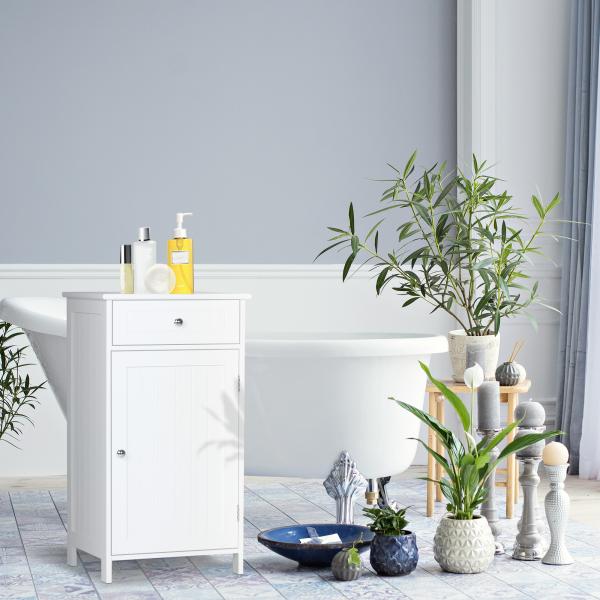 Armário de Casa de Banho com 1 Gaveta 1 Porta e Prateleira Interior Ajustável Móvel Auxiliar de Armazenamento para Sala de Estar Cozinha 43x34x77cm Branco