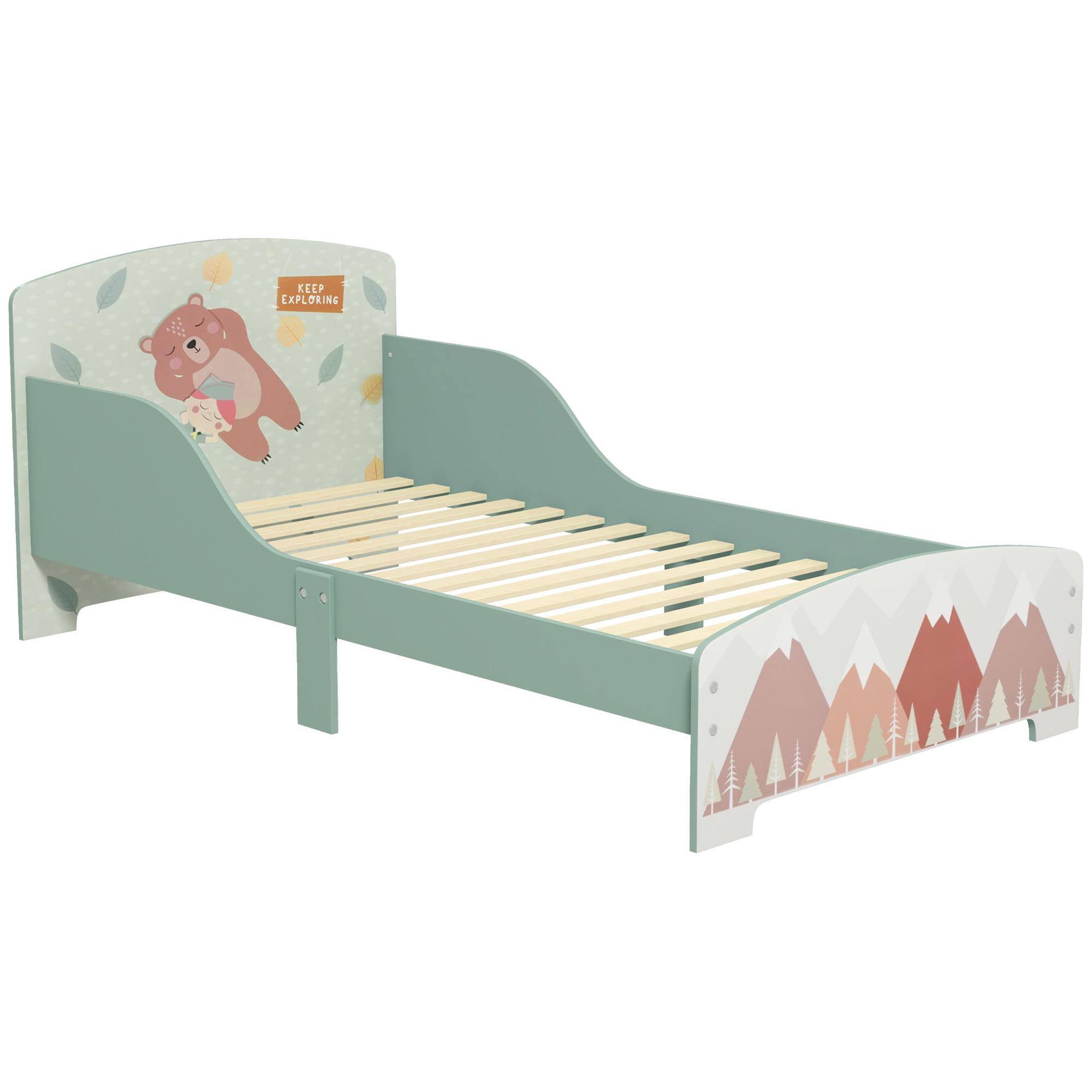 Cama para Crianças de Madeira com Barreira de Proteção e Estampados Carga Máx. 40 kg 77x143x60 cm Verde