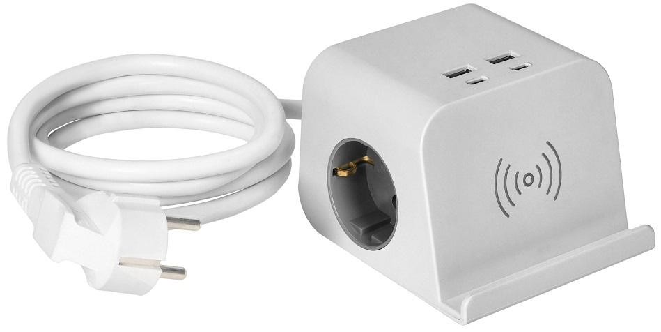 Extensão Dupla c/ 4 USB (2xUSB - A + 2xUSB - C) e Carregador Qi Indução 1,4 mts (Branco) - ORNO