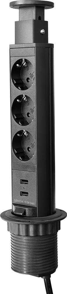 Extensão Tripla + 2x USB Oculta POP - UP p/ Secretárias, Balcões, Móveis... (Preto) - ORNO