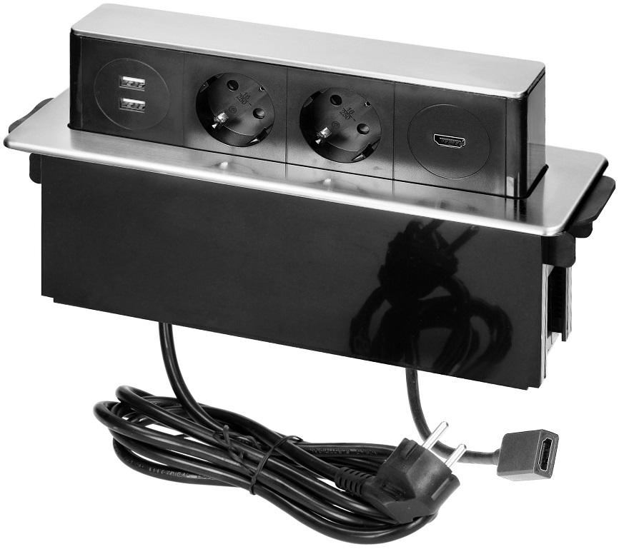 Extensão Dupla Oculta POP - UP c/ Portas 2x USB - A + HDMI p/ Secretárias, Balcões (Inox) - ORNO