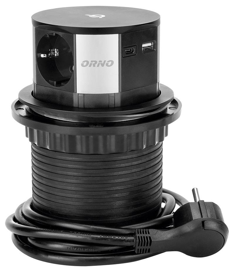 Tomada Elétrica Embutir c/ Carregador Qi Indução e 2 Portas USB (Preto) - ORNO