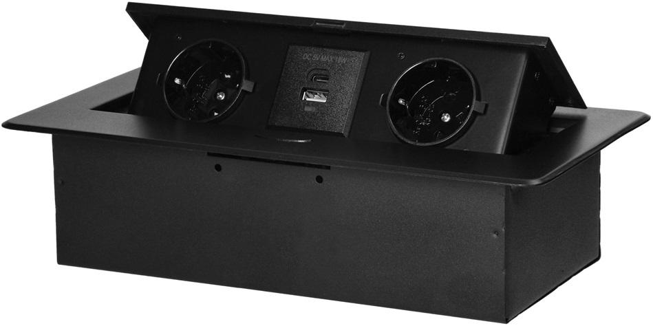Extensão Dupla Oculta POP - UP c/ Porta USB - A e USB - C p/ Secretárias, Balcões (Preto) - ORNO