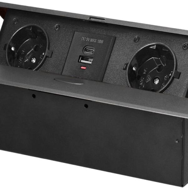 Extensão Dupla Oculta POP - UP c/ Porta USB - A e USB - C p/ Secretárias, Balcões (Grafite) - ORNO