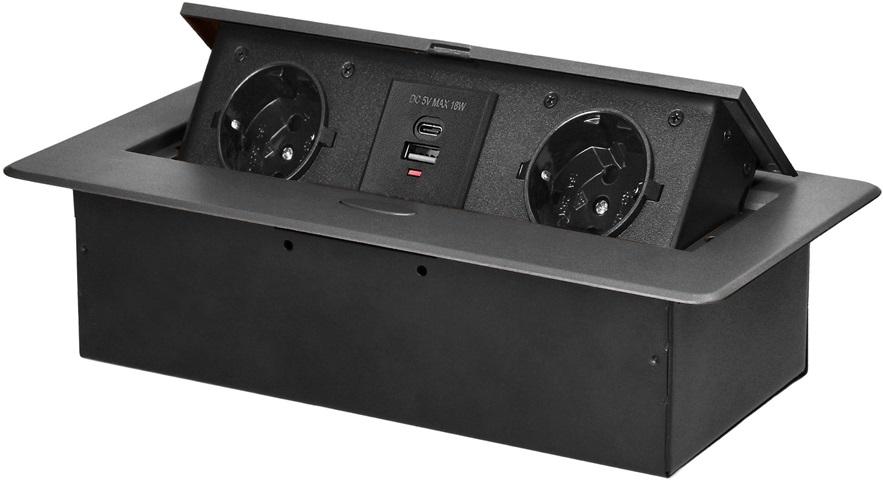 Extensão Dupla Oculta POP - UP c/ Porta USB - A e USB - C p/ Secretárias, Balcões (Grafite) - ORNO