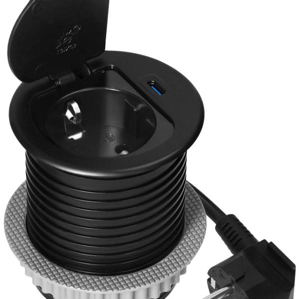 Tomada Elétrica de Encastre c/ Tampa + USB - C PD20W (Preto) - ORNO