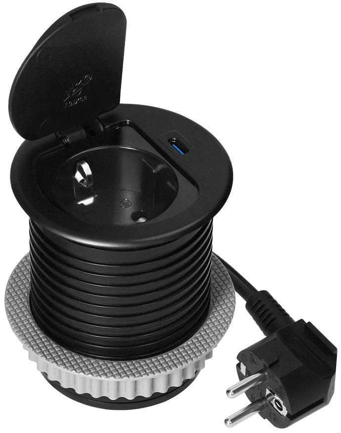 Tomada Elétrica de Encastre c/ Tampa + USB - C PD20W (Preto) - ORNO