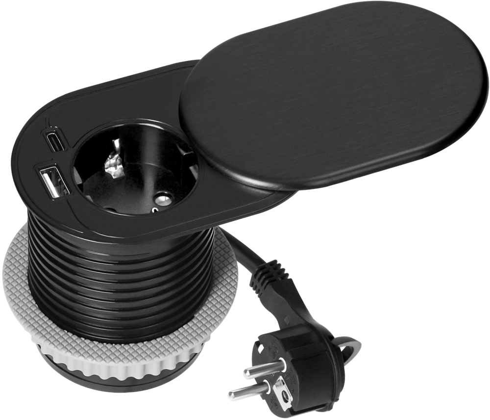 Tomada Elétrica de Encastre c/ Tampa + USB - C / USB - A PD20W (Preto) - ORNO