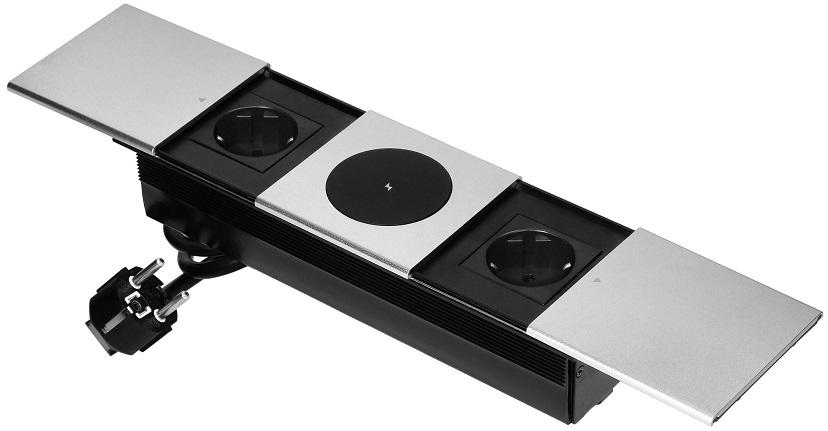 Extensão Dupla Oculta c/ Tampa Deslizante + Carregador Indução s/ Fios 15W (Prateado) - ORNO