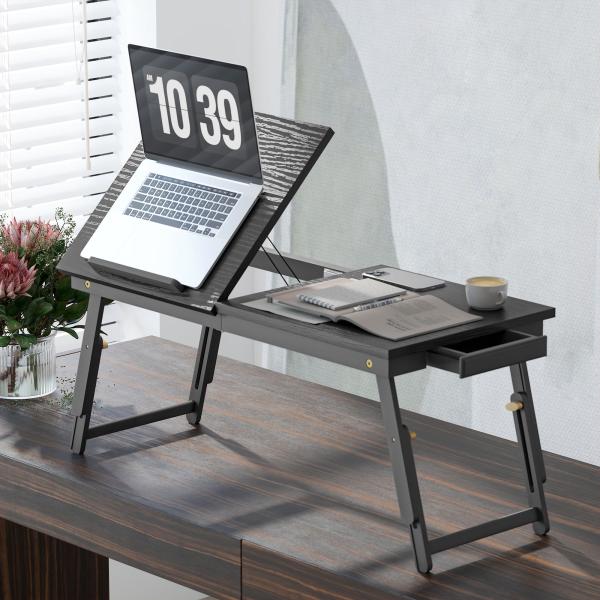 Mesa Reclinável para Cama e Sofá, Tabuleiro Dobrável com Gaveta Lateral para Computador Portátil e Livros, Cinco Alturas, Preto