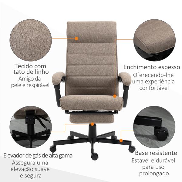 Cadeira de Escritório Reclinável com Altura Ajustável Apoio para os Braços Apoio para os Pés Retrátil 68x67x106 - 114cm Marrom
