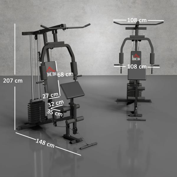 Máquina Multi Estação de Musculação Máquina de Musculação com Estribo para Pernas e Placas de Peso de 45kg para Treinamento Fitness em Casa Academia 148x108x207cm Preto
