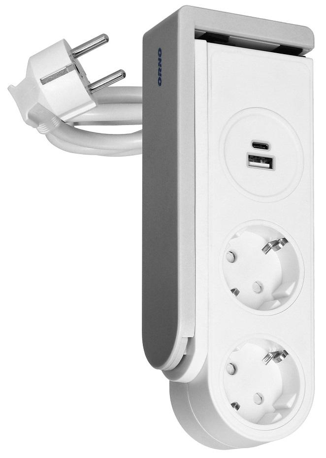 Extensão Dupla + USB - A + USB - C c/ Clip Fixação à Mesa 1,4 mts (Branco) - ORNO