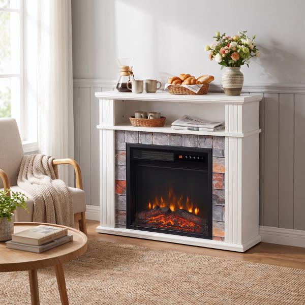 Lareira Elétrica Decorativa 1800 W com Prateleira Efeito de Chama 5 Níveis de Brilho Termóstato Temporizador e Comando Branco