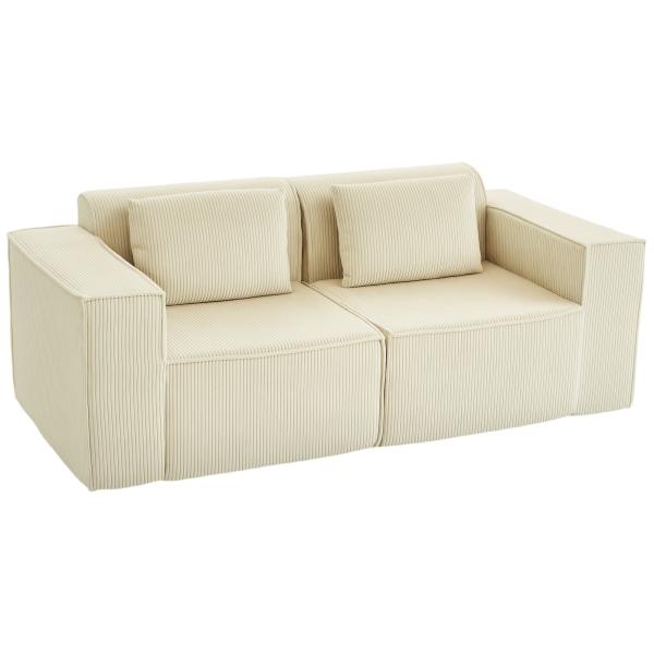 Sofá de 3 Lugares Sofá de Sala 202x90x76 cm Revestido em Veludo Cotelê Acolchoamento Espesso e 2 Almofadas Bege