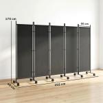 Biombo Dobrável de 5 Painéis com 12 Rodas 252x170 cm Biombo Separador de Ambientes Preto