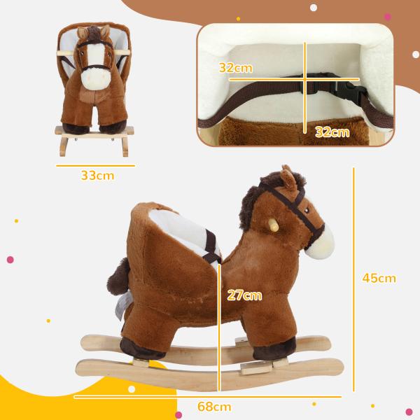 Cavalo Baloiço para Crianças de 18 - 36 Meses com Sons Cinto de Segurança e Base de Madeira Carga 25 kg 68x33x45 cm Marrom