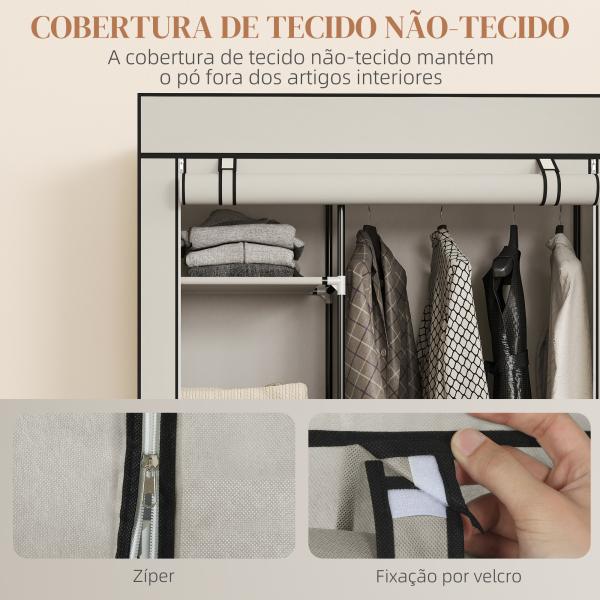 Roupeiro de Tecido Dobrável com 6 Prateleiras 1 Barra de Pendurar e Rodas para Dormitório Vestidor 103x43x162,5 cm Creme