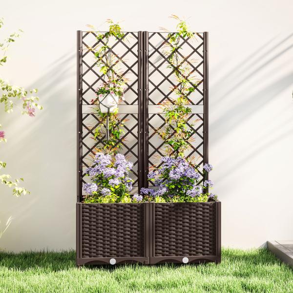 Floreira com Treliça de PP com Drenagem e Amplo Espaço para Plantas Trepadoras Vaso com Suporte para Jardim 80x40x135 cm Marrom