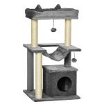Arranhador para Gatos de 3 Níveis com Caverna Rede Plataforma Bolas Suspensas e Poste de Sisal 48x48x90 cm Cinza