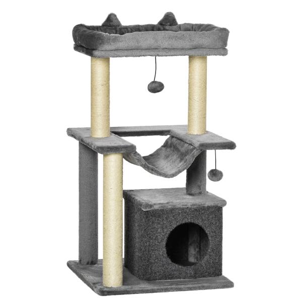 Arranhador para Gatos de 3 Níveis com Caverna Rede Plataforma Bolas Suspensas e Poste de Sisal 48x48x90 cm Cinza