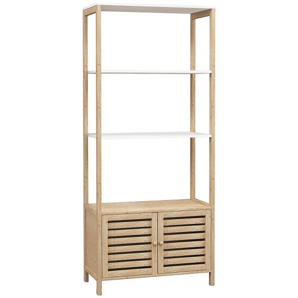 Estante para Casa de Banho de Bambu com 3 Prateleiras Abertas Estante de Arrumação Casa de Banho com Portas Ripadas 63x30x138 cm Madeira e Branco